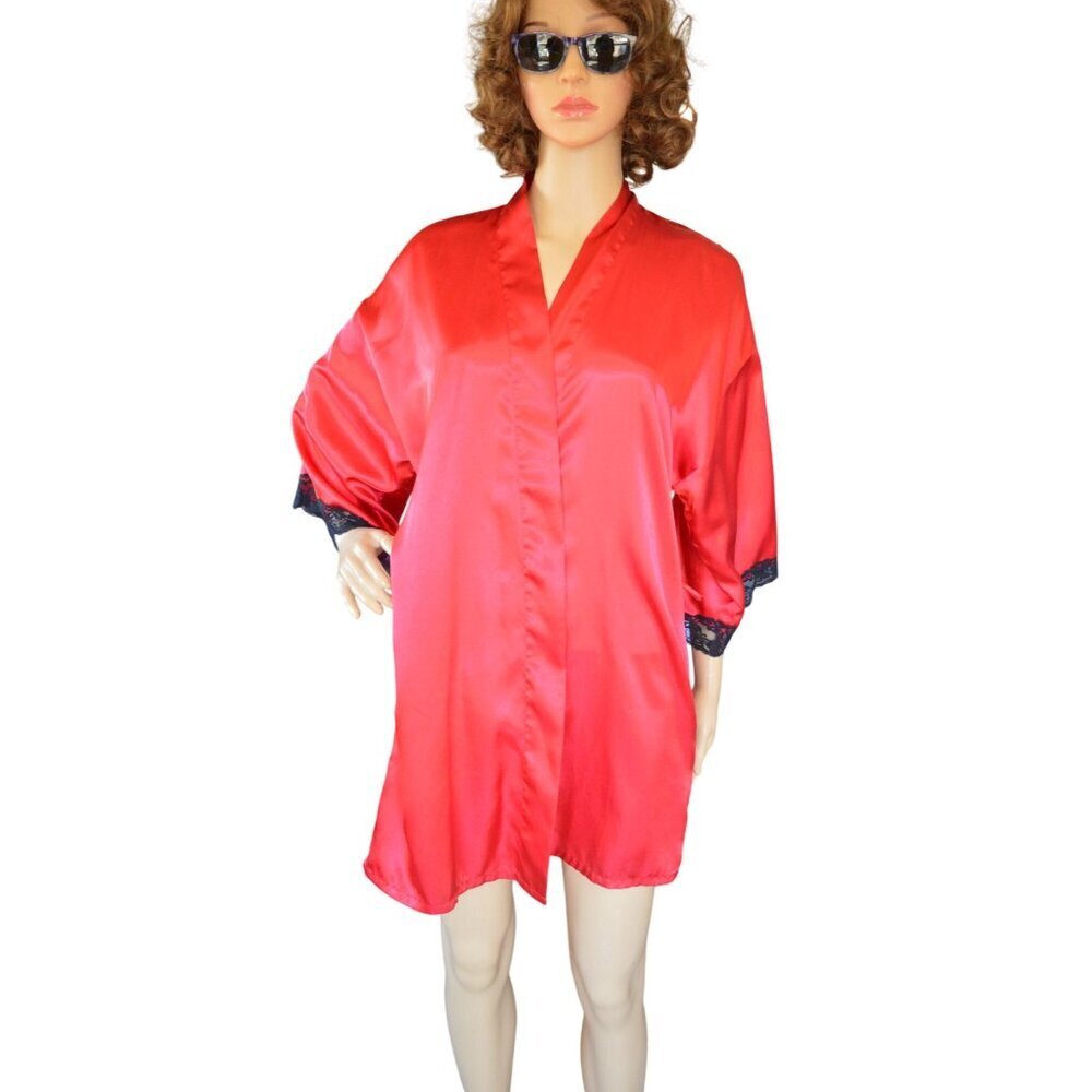 Vintage Frederick’s of Hollywood Red Satin Black Lace Short Robe Pockets Size S